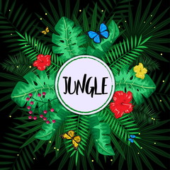 Exotc tropical leaves, flowers and butterfly template