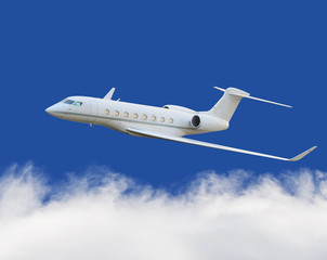 Private jet plane in the cloud with blue sky