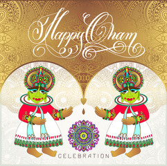 Happy Onam golden greeting card design with two traditional indi