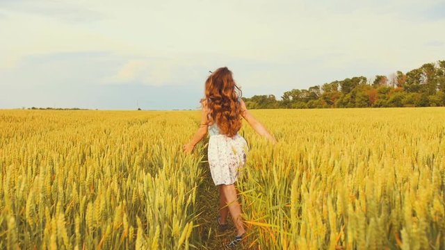 Beauty Girl Running on Yellow Wheat Field