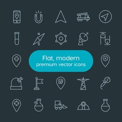 Modern Simple Set of industry, science, location Vector outline Icons. Contains such Icons as  industry,  magnetism, map, magnetic,  vehicle and more on dark background. Fully Editable. Pixel Perfect.