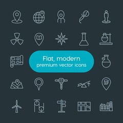 Modern Simple Set of industry, science, location Vector outline Icons. Contains such Icons as  equipment, pulley,  location,  travel,  car and more on dark background. Fully Editable. Pixel Perfect.