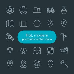 Modern Simple Set of industry, science, location Vector outline Icons. Contains such Icons as  globus,  world, molecule,  location, science and more on dark background. Fully Editable. Pixel Perfect.