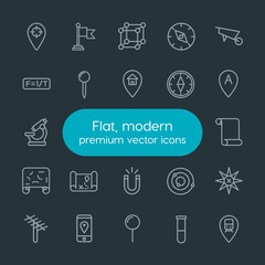 Modern Simple Set of industry, science, location Vector outline Icons. Contains such Icons as location,  east,  planet,  sign,  solar, flag and more on dark background. Fully Editable. Pixel Perfect.