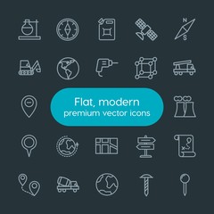 Modern Simple Set of industry, science, location Vector outline Icons. Contains such Icons as  world,  point,  screw,  direction, direction and more on dark background. Fully Editable. Pixel Perfect.