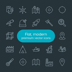 Modern Simple Set of industry, science, location Vector outline Icons. Contains such Icons as  sky, thermometer,  lab,  pin,  success,  road and more on dark background. Fully Editable. Pixel Perfect.