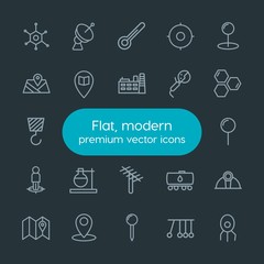 Modern Simple Set of industry, science, location Vector outline Icons. Contains such Icons as  education,  tool,  virus,  microbiology,  oil and more on dark background. Fully Editable. Pixel Perfect.