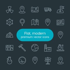 Modern Simple Set of industry, science, location Vector outline Icons. Contains such Icons as  hazard, information,  flask,  internet,  gps and more on dark background. Fully Editable. Pixel Perfect.