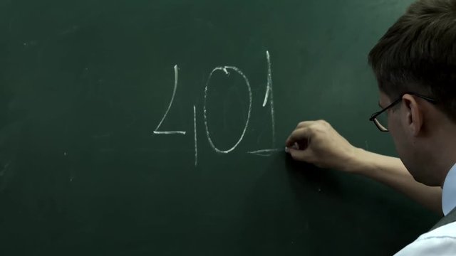 401K. The man in glasses writes on the blackboard