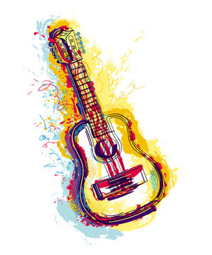 Guitar with grunge watercolor splashes. Isolated object on white background. Design concept for card, t-shirt, invitation, print, poster, tattoo. Vector illustration
