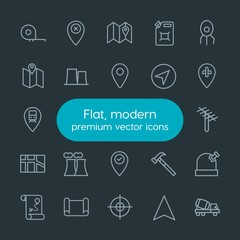 Modern Simple Set of industry, science, location Vector outline Icons. Contains such Icons as  center,  goal,  night, map,  sky,  point and more on dark background. Fully Editable. Pixel Perfect.