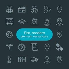 Modern Simple Set of industry, science, location Vector outline Icons. Contains such Icons as road, transportation, restaurant,  renewable and more on dark background. Fully Editable. Pixel Perfect.