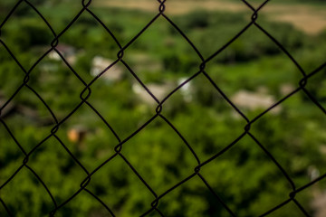metal fence concept on green  unfocused street environment background and empty space for your text
