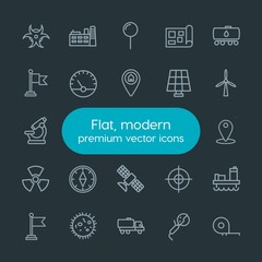 Modern Simple Set of industry, science, location Vector outline Icons. Contains such Icons as location,  gas,  microbiology, meter,  cargo and more on dark background. Fully Editable. Pixel Perfect.