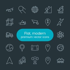 Modern Simple Set of industry, science, location Vector outline Icons. Contains such Icons as location,  arrow,  chemistry,  science,  earth and more on dark background. Fully Editable. Pixel Perfect.