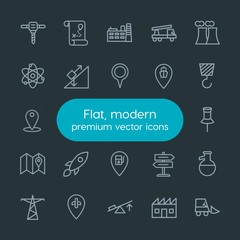Modern Simple Set of industry, science, location Vector outline Icons. Contains such Icons as  truck,  industry,  nuclear,  construction and more on dark background. Fully Editable. Pixel Perfect.
