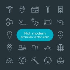 Modern Simple Set of industry, science, location Vector outline Icons. Contains such Icons as  worker,  industry,  world, vision, drill and more on dark background. Fully Editable. Pixel Perfect.