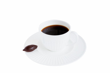 Cup of black coffee and dark chocolate candy isolated on white background