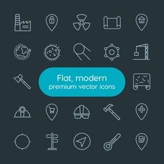 Modern Simple Set of industry, science, location Vector outline Icons. Contains such Icons as airport, target, petrol,  goal,  tool,  north and more on dark background. Fully Editable. Pixel Perfect.