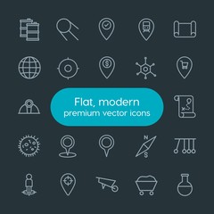 Modern Simple Set of industry, science, location Vector outline Icons. Contains such Icons as  north,  travel,  post,  cosmos,  laboratory and more on dark background. Fully Editable. Pixel Perfect.