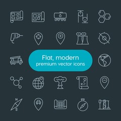 Modern Simple Set of industry, science, location Vector outline Icons. Contains such Icons as  equipment, location,  road,  molecule,  point and more on dark background. Fully Editable. Pixel Perfect.