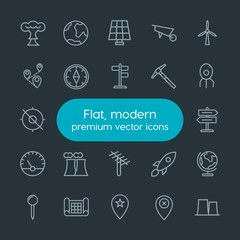 Modern Simple Set of industry, science, location Vector outline Icons. Contains such Icons as  smoke, direction, abstract,  planet,  way and more on dark background. Fully Editable. Pixel Perfect.