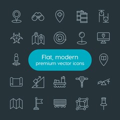 Modern Simple Set of industry, science, location Vector outline Icons. Contains such Icons as  metal, flag,  map, pulley,  travel,  student and more on dark background. Fully Editable. Pixel Perfect.
