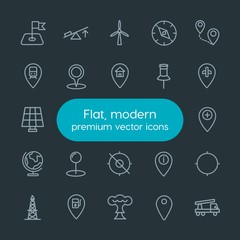 Modern Simple Set of industry, science, location Vector outline Icons. Contains such Icons as  vehicle,  marker,  station, target,  add and more on dark background. Fully Editable. Pixel Perfect.