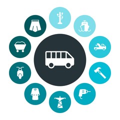 transports, industry, clothes Infographic Colorful fill Icons Set. Contains such Icons as  energy,  equipment,  girl,  royal,  style,  post,  repair,  school and more. Fully Editable. Pixel Perfect