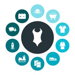 transports, industry, clothes Infographic Colorful fill Icons Set. Contains such Icons as  vacation, hat,  style, coat, service,  drilling,  emblem,  holiday and more. Fully Editable. Pixel Perfect