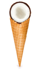 Coconut in a cone waffle. Design solution.Coconut ice cream. Isolated on white background.
