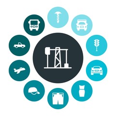 transports, industry, clothes Infographic Colorful fill Icons Set. Contains such Icons as truck,  travel,  competition,  truck,  work,  vehicle,  car,  casual and more. Fully Editable. Pixel Perfect