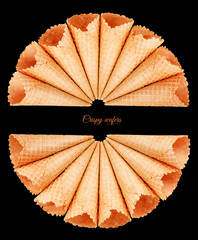 Crispy cone wafers on a white background.