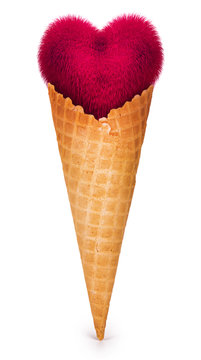 Red heart in a cone waffle. Conceptual solution. Isolated on white background.