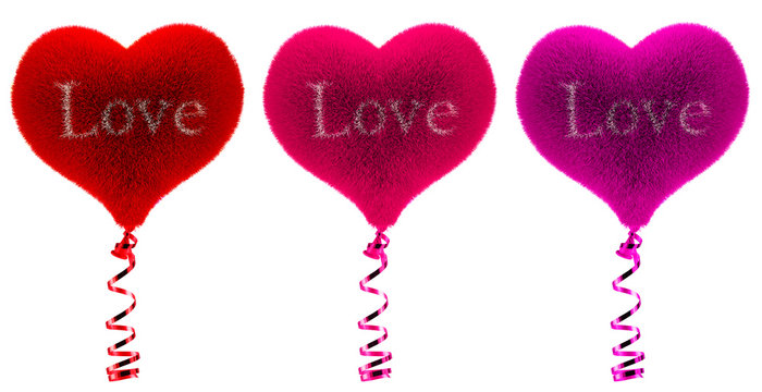 Balloons made of fur floating in the air. Balloons in the shape of heart. Conceptual idea. Isolated on white background.