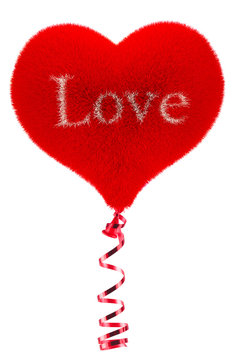 Balloon made of fur floating in the air. Balloon in the shape of heart. Conceptual idea. Isolated on white background.