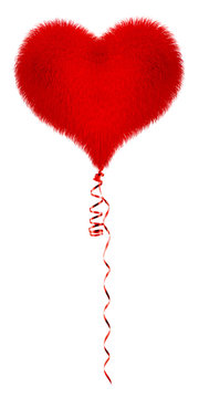 Balloon made of fur floating in the air. Balloon in the shape of heart. Conceptual idea. Isolated on white background.