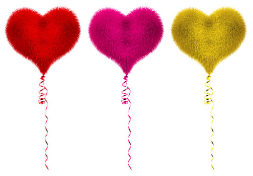 Balloons made of fur floating in the air. Balloons in the shape of heart. Conceptual idea. Isolated on white background.