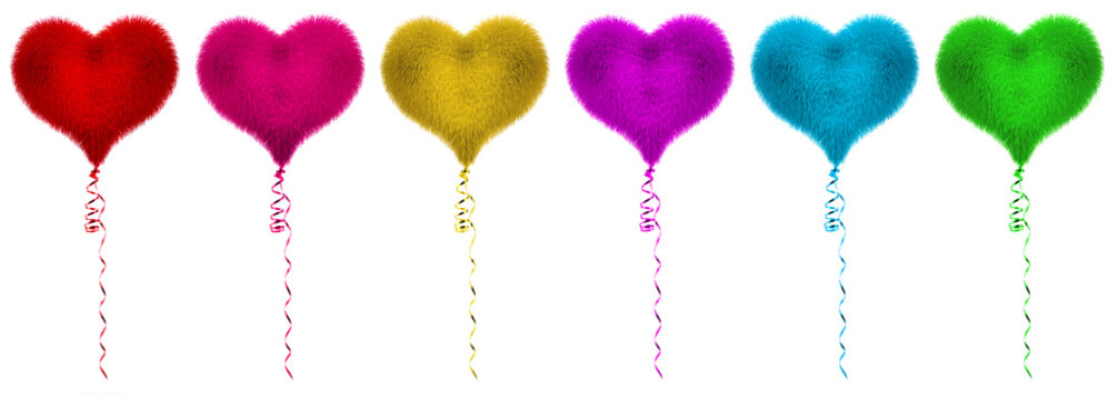 Balloons made of fur floating in the air. Balloons in the shape of heart. Conceptual idea. Isolated on white background.