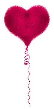 Balloon made of fur floating in the air. Balloon in the shape of heart. Conceptual idea. Isolated on white background.