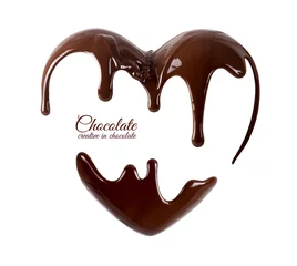 Foto op Plexiglas Chocolate in the form of heart. Melted chocolate syrup on white background. Liquid chocolate on a white background. © ninell