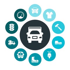 transports, industry, clothes Infographic Colorful fill Icons Set. Contains such Icons as traffic,  polo, fashion,  motorbike,  bike,  stop,  footwear, school and more. Fully Editable. Pixel Perfect