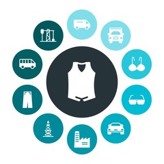 transports, industry, clothes Infographic Colorful fill Icons Set. Contains such Icons as  delivery,  denim,  transport,  blue, vest,  female,  school, gas, bra and more. Fully Editable. Pixel Perfect