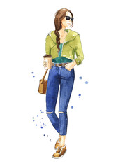Casual street look, watercolor fashion illustration © kamenuka
