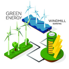 A set of alternative energy sources. The windmill transfers energy to the battery. isometric 3d
