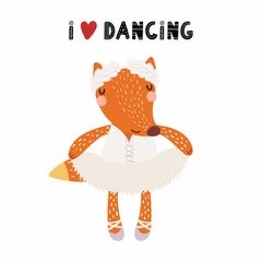 Foto op Canvas Hand drawn vector illustration of a cute funny fox ballerina in a tutu, pointe shoes, with lettering quote I love dancing. Isolated objects. Scandinavian style flat design. Concept for children print. © Maria Skrigan