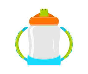 Vector illustration. Baby bottle with handles and lid.