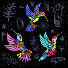 Fototapeta na wymiar Embroidery patch palm tree leaves, flowers, birds, tropical art. Fashion tropical summer template.