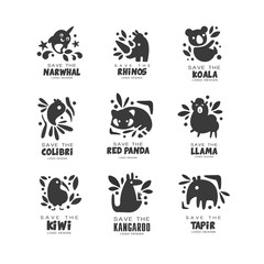 Save wild animal logo design set, protection of narwhal, rhinos, koala, colibri, panala, lama, kangaroo, tapir, kiwi, black and white sign vector Illustrations on a white background