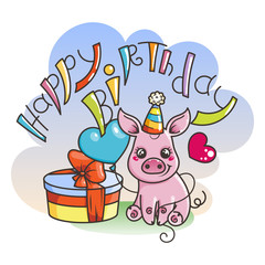 Cute cartoon baby pig in a cool rainbow glasses